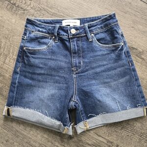Risen Blue Jean Shorts with Rolled Hems and Distressed Details